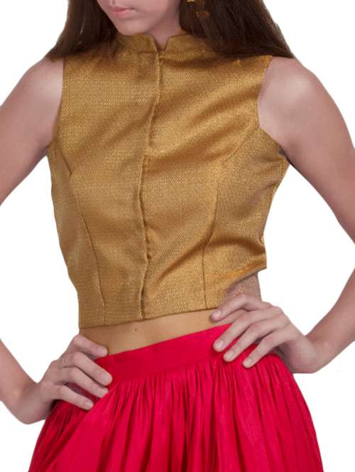 Gold sleeveless zari brocade stitched blouse - 11409809 - Very Small Image - 1