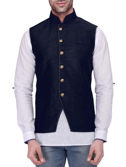 navy blue silk nehru jacket - 11512938 - Very Small Image - 1