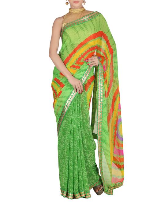 women's tie & dye green colored saree with blouse - 12204797 - Very Small Image - 1