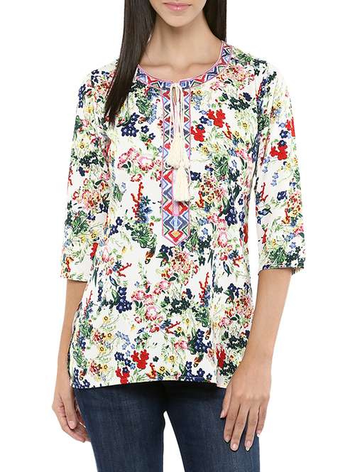 cream three quarter sleeve straight kurti - 13103847 - Very Small Image - 1