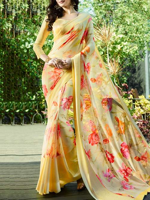 yellow georgette printed saree - 13848227 - Very Small Image - 1