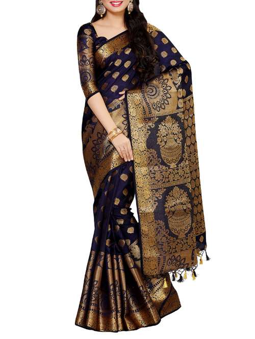 women's self design navy blue colored saree with blouse - 13885604 - Very Small Image - 1