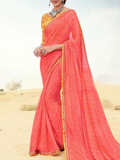 red chiffon bandhani saree - 14090862 - Very Small Image - 1