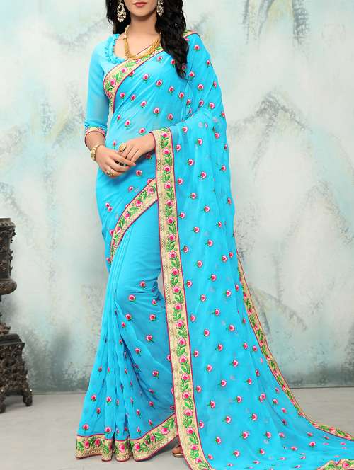 sky blue embroidered saree with blouse - 14610060 - Very Small Image - 1