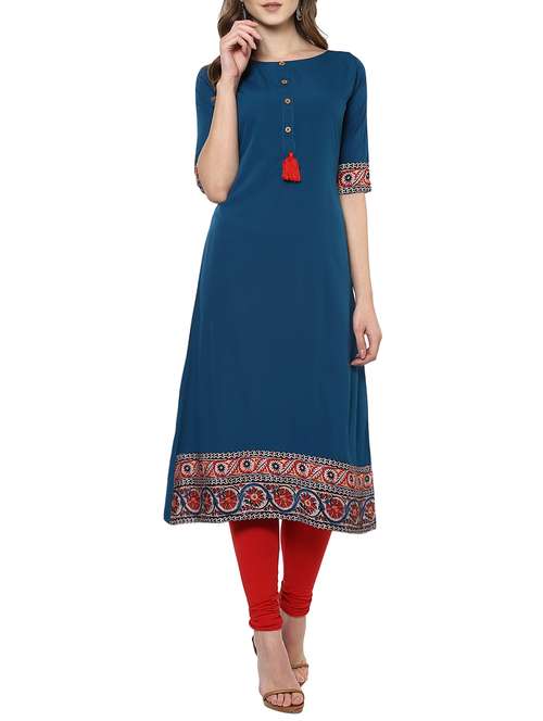 turquoise a-line kurta with tassels - 14633761 - Very Small Image - 1