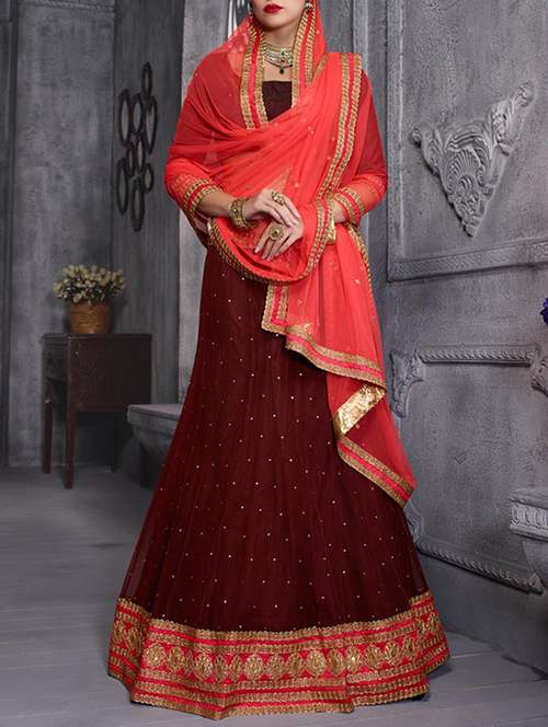maroon silk flared lehenga - 14729590 - Very Small Image - 1