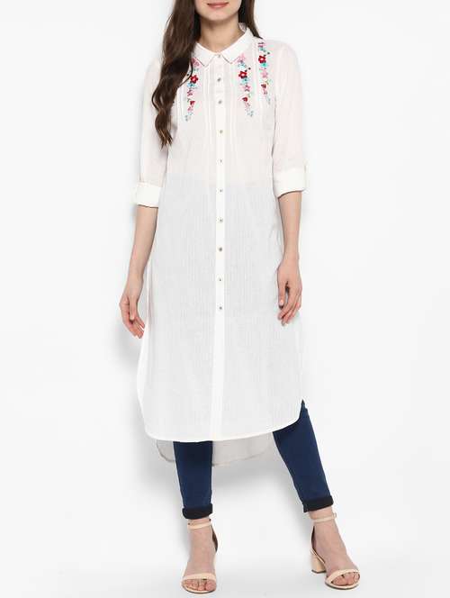 white cotton highlow kurta - 14905950 - Very Small Image - 1