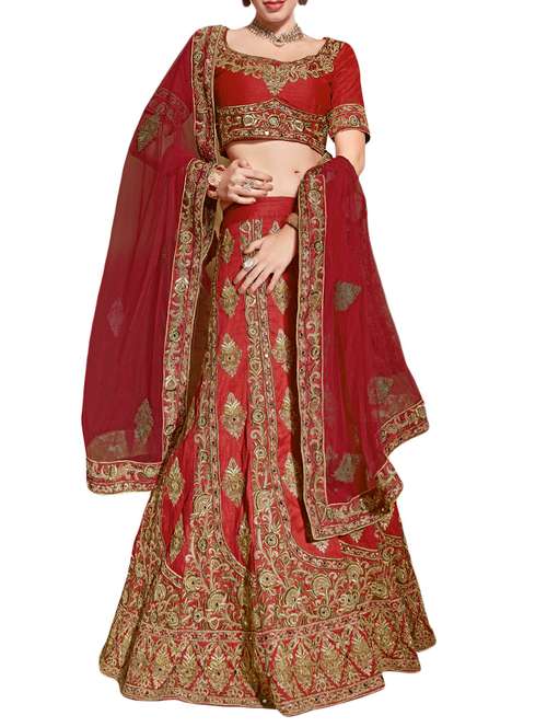 red silk flared lehenga - 14935278 - Very Small Image - 1