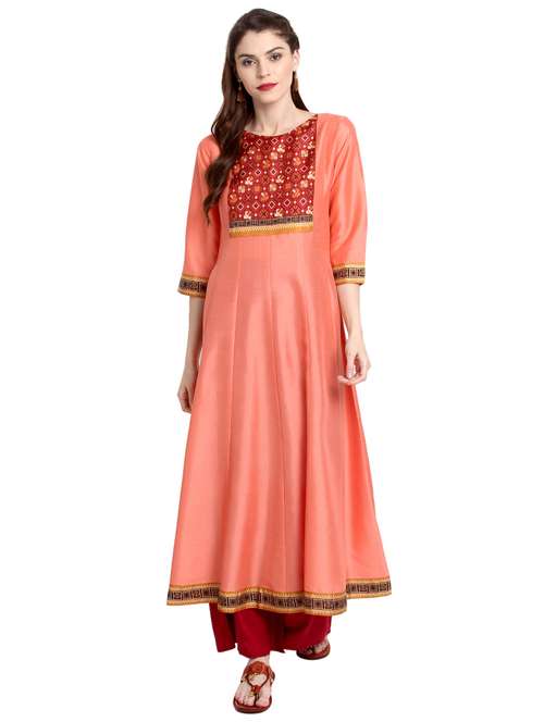 peach silk anarkali kurta - 14959062 - Very Small Image - 1