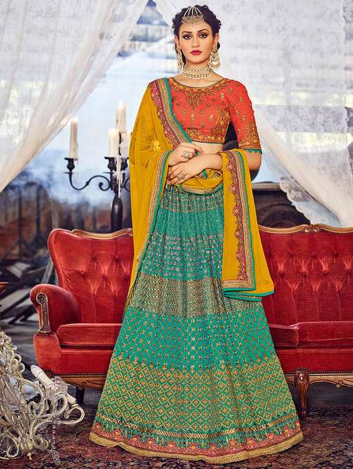 green silk semi-stitched flared lehenga - 14959876 - Very Small Image - 1