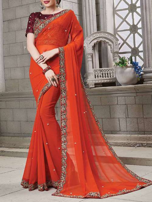 orange georgette embellished saree with blouse - 14978970 - Very Small Image - 1