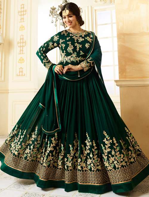 bottle green embroidered semi-stitched suit set - 15026109 - Very Small Image - 1