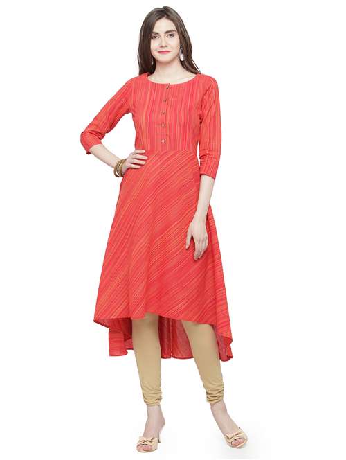 red cotton high low kurta - 15029887 - Very Small Image - 1