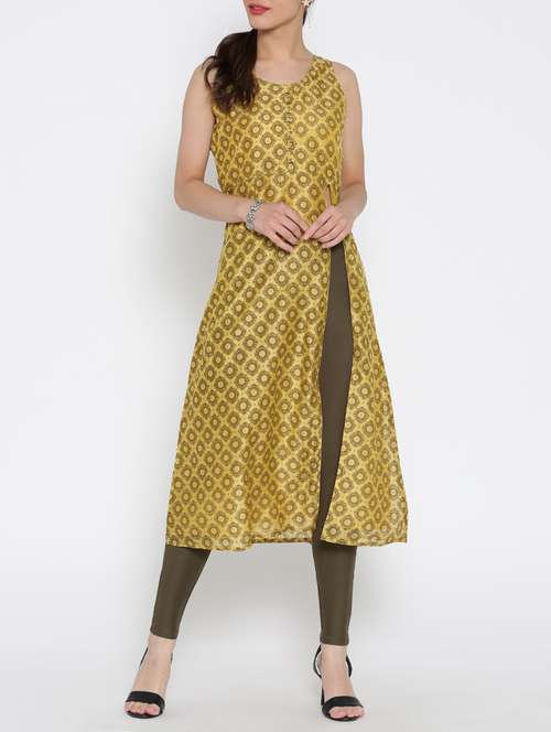 yellow cotton high slit kurta - 15030365 - Very Small Image - 1