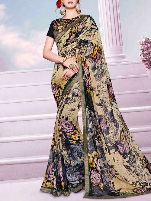 lace border floral printed saree with blouse - 15047929 - Very Small Image - 1