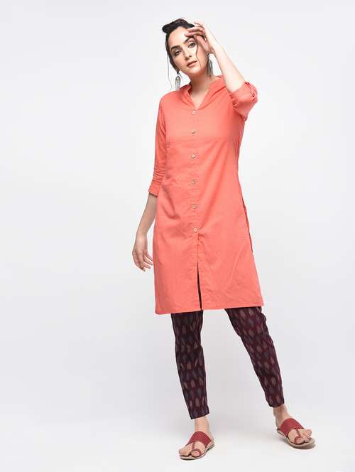 peach cotton solid kurta - 15101336 - Very Small Image - 1