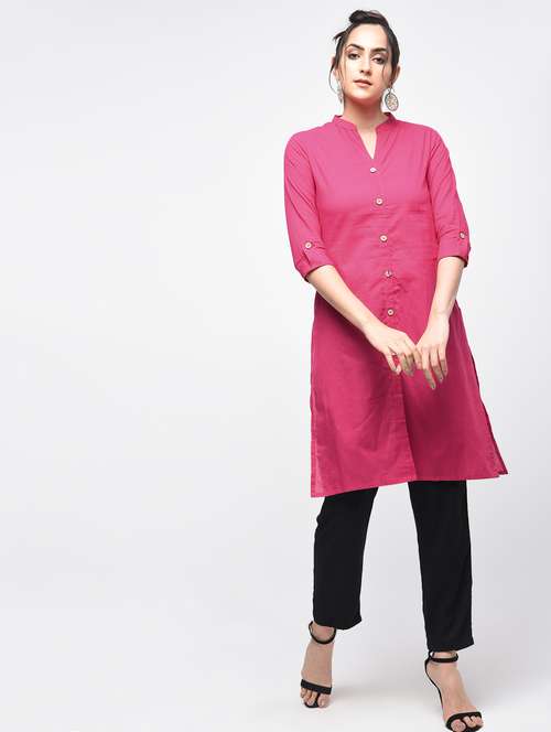 pink cotton solid kurta - 15101341 - Very Small Image - 1