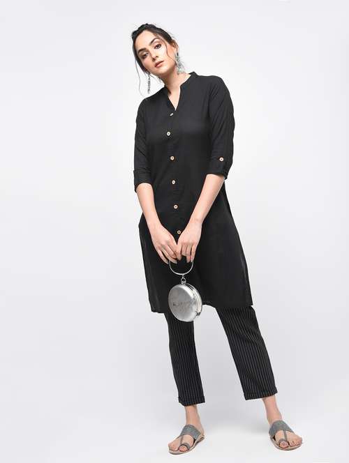 black cotton solid kurta - 15101343 - Very Small Image - 1