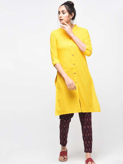 yellow cotton solid kurta - 15101346 - Very Small Image - 1