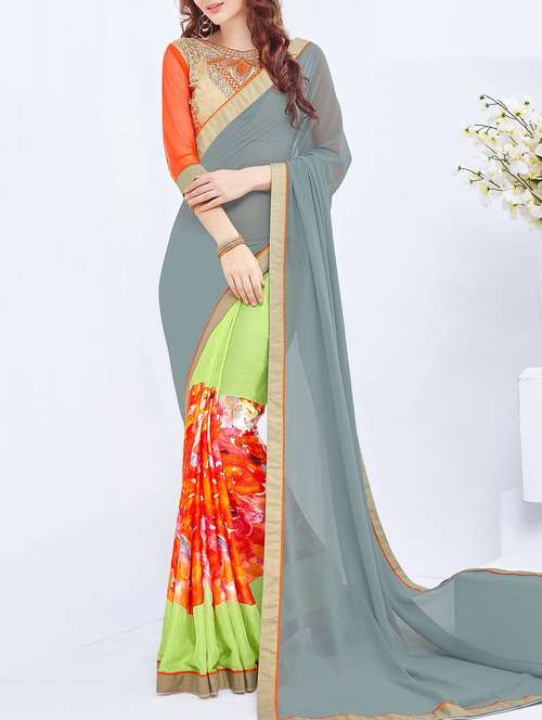 women's floral pearl grey colored saree - 15102778 - Very Small Image - 1