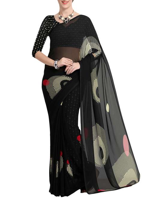 black georgette printed saree with blouse - 15177160 - Very Small Image - 1