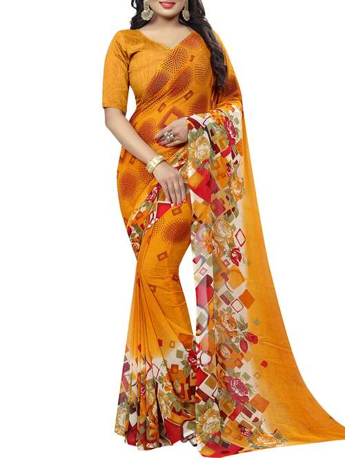 yellow georgette printed saree with blouse - 15218982 - Very Small Image - 1