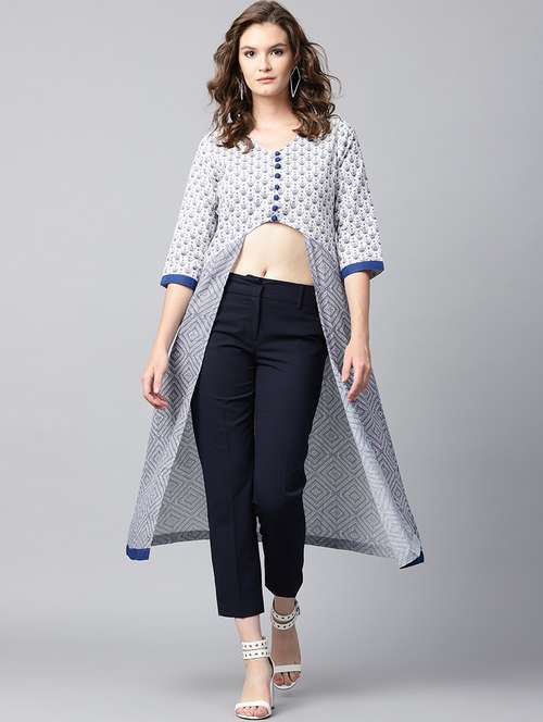 white cotton asymmetric kurta - 15242548 - Very Small Image - 1