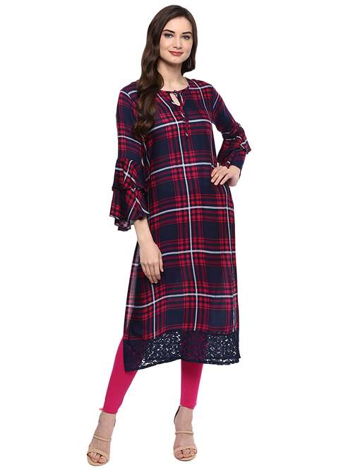 checkered bell sleeves kurta - 15259906 - Very Small Image - 1