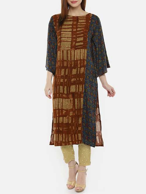 brown viscose straight kurta - 15287012 - Very Small Image - 1
