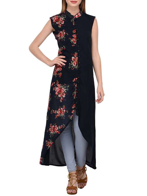 black synthetic asymmetric kurta - 15297670 - Very Small Image - 1