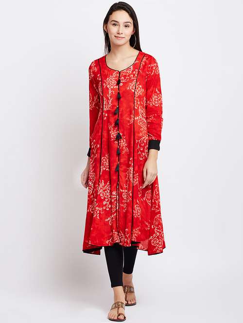 red viscose a-line kurta - 15300335 - Very Small Image - 1