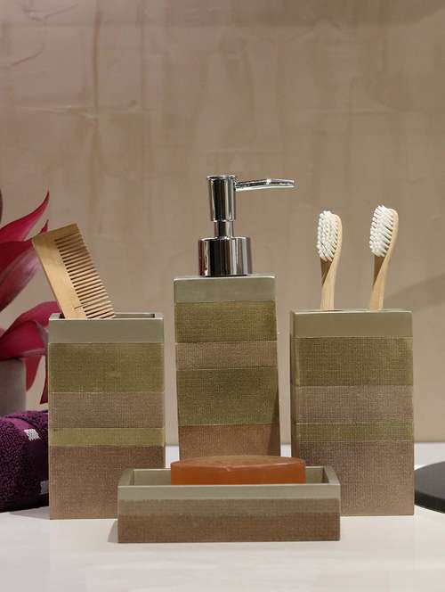 multi color polyresin bath set collection of liquid soap dispenser, toothbrush holder, tumbler and soap dish - 15327399 - Very Small Image - 1