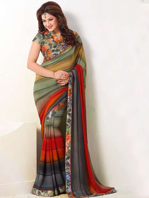stripes printed saree with blouse - 15454710 - Very Small Image - 1