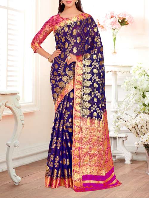 contrast border paisley kanjivaram saree - 15463950 - Very Small Image - 1