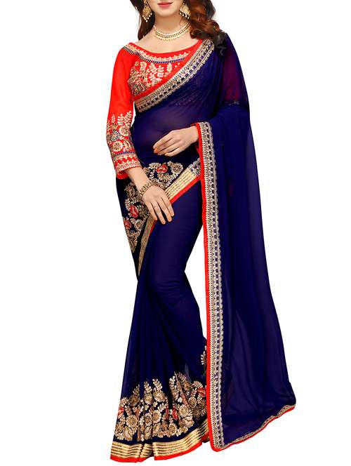 floral embroidered navy blue saree with blouse - 15572165 - Very Small Image - 1
