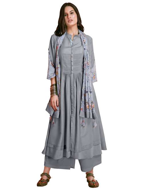 Pleated a-line kurta with tassels stole - 15700058 - Very Small Image - 1