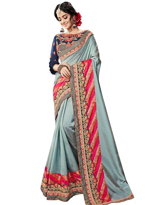 floral embroidered border saree with blouse - 15744366 - Very Small Image - 1