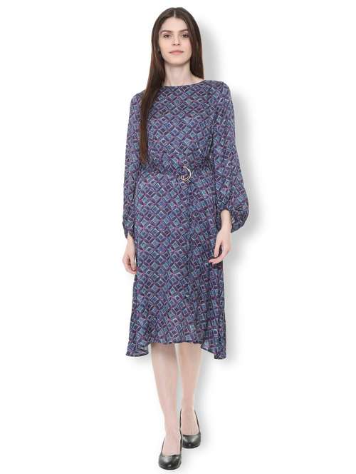 puff sleeved belted flared dress - 15853231 - Very Small Image - 1