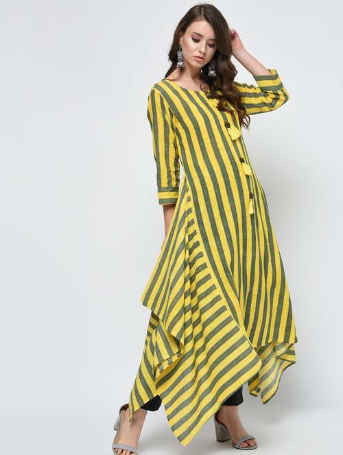 striped asymmetric kurta with tassels - 15860854 - Very Small Image - 1