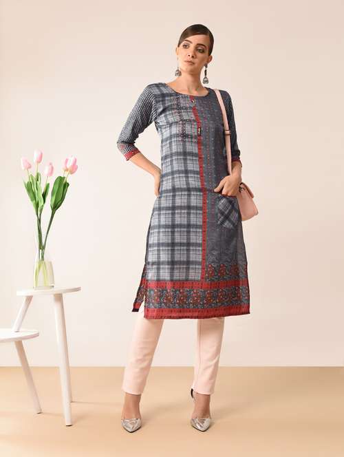 checkered straight kurta - 16067039 - Very Small Image - 1