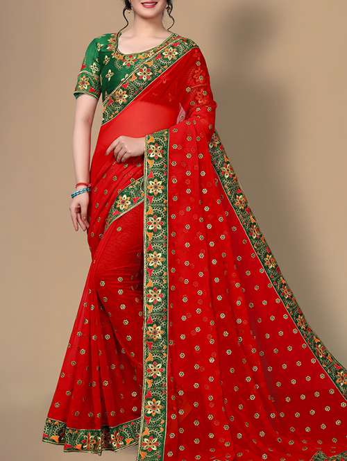 floral red embroidered saree with blouse - 16071973 - Very Small Image - 1