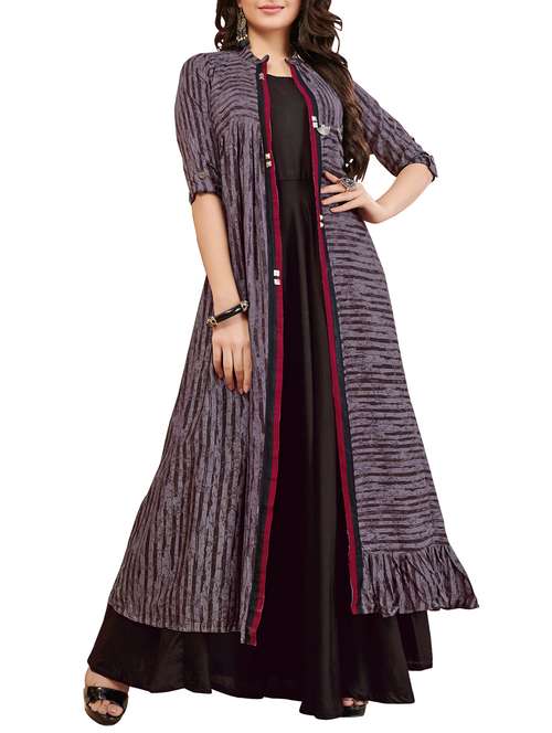 solid flared kurta with striped jacket - 16079230 - Very Small Image - 1