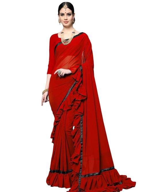 ruffle lace border fusion saree with blouse - 16099030 - Very Small Image - 1