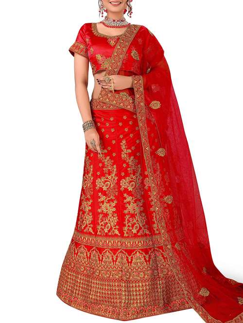 red floral embroidered a-line lehenga - 16132325 - Very Small Image - 1