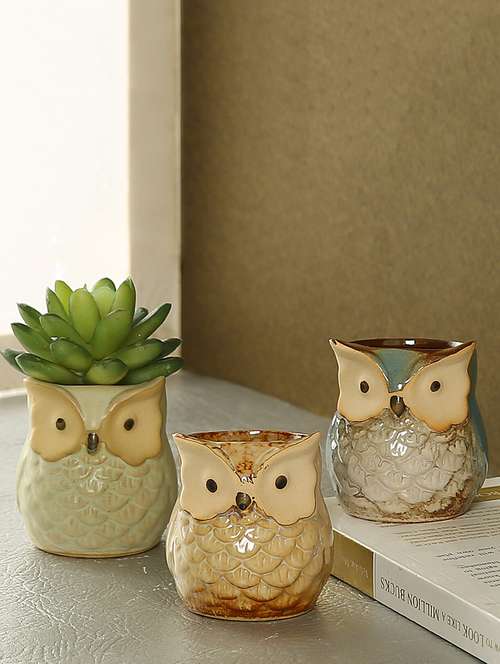 multicolor owl design ceramic pot - set of 3 - 16179514 - Very Small Image - 1