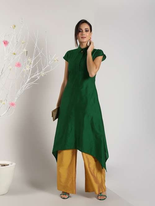 solid high-low silk asymmetric kurta - 16568768 - Very Small Image - 1