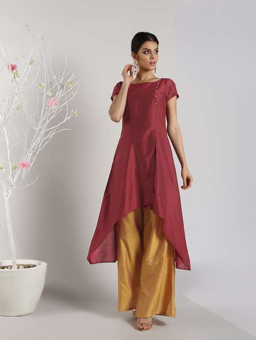 solid silk asymmetric kurta - 16568795 - Very Small Image - 1