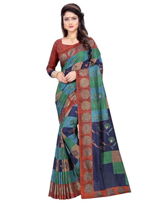 checkered printed saree with blouse - 16625545 - Very Small Image - 1