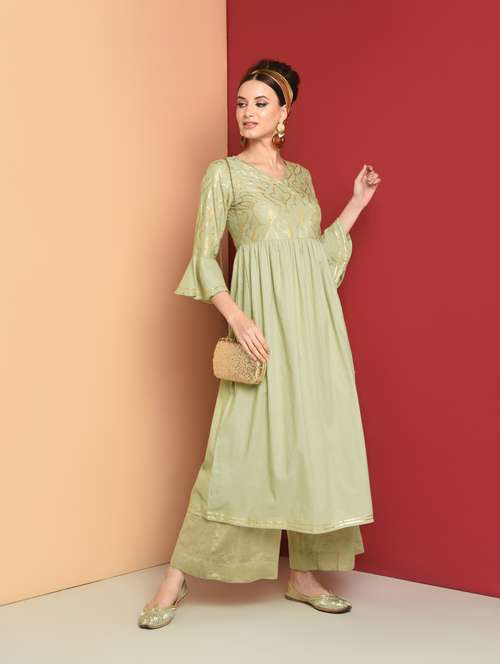 gold print flared kurta - 16654271 - Very Small Image - 1