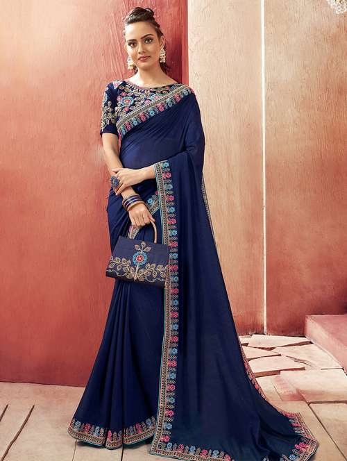 solid bordered saree with blouse - 16679184 - Very Small Image - 1